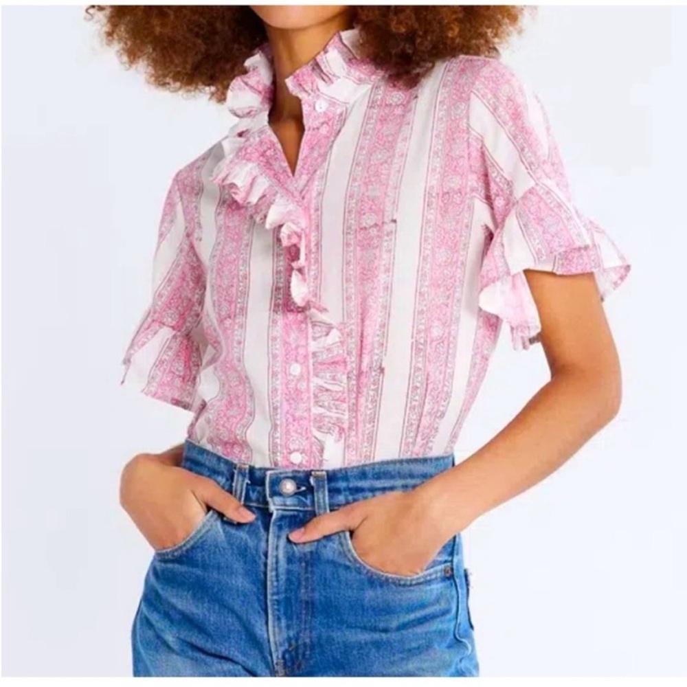 Pink Striped Ruffle-Trim Blouse - Picture 2 of 9